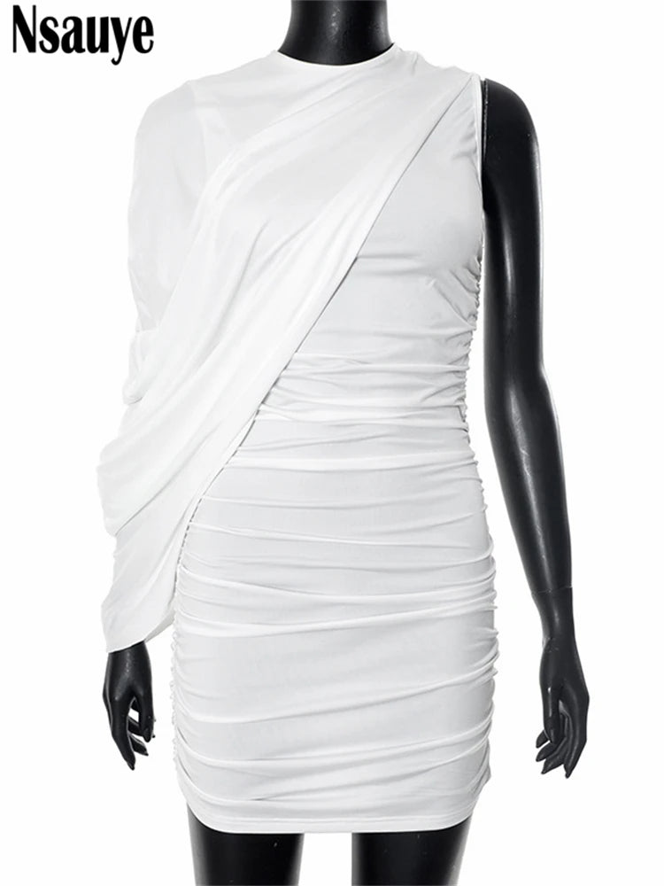 Nsauye Sexy Women One Shoulder Long Sleeve Fashion Short Night Club Wrap Dress Evening Party Elegant Ruched Dress 2025 Summer
