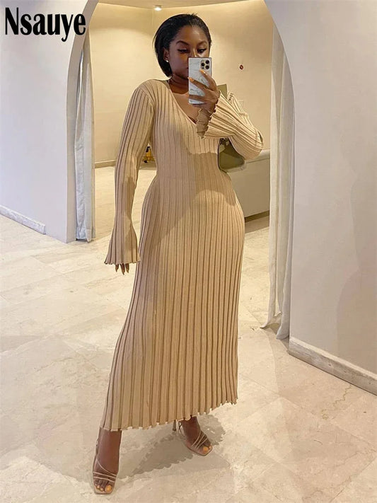 Nsauye Knitted Dresses For Women 2022 Autumn Winter Elegant Pleated Long Dresses Long Sleeve V Neck Casual Slim White Maxi Dress