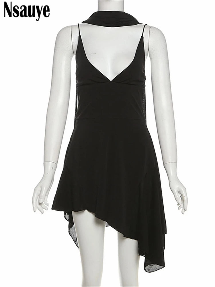 Nsauye 2025 Dress Woman Elegant Party Short V Neck Black Ruffles Dress Hlater Summer Chic Evening Night Club New Fashion Dress