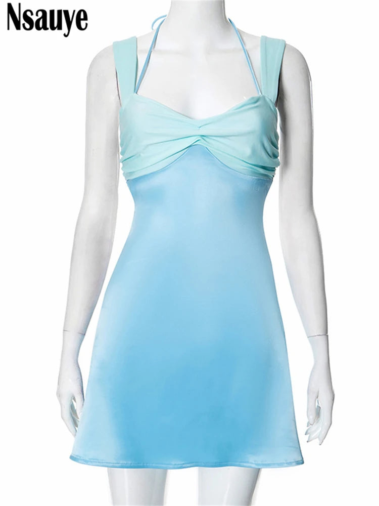Nsauye Women Sexy Halter Lace Up Evening Mini Satin Fashion New Party Dress Skinny Summer 2025 Night Club Casual Holiday Dress