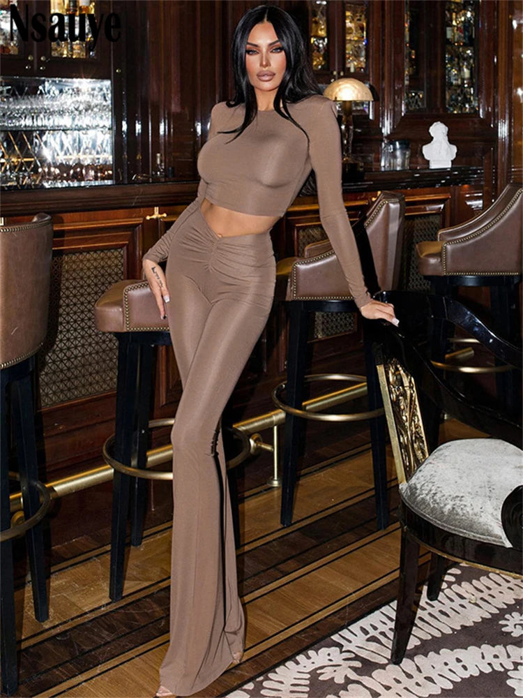 Nsauye Summer Casual Tracksuit Women 2024 Long Sleeve Basic Y2K Tops Long Low Waisted Sexy Fashion Pants Elegant Two Piece Set