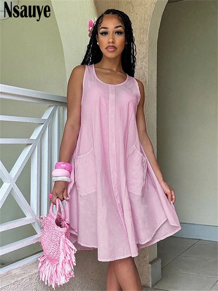 Nsauye 2025 Summer Women A-Line Loose Fashion Sexy Club Evening Party Dress Short Pink Pullover Casual Tank Vest Dress Outfits