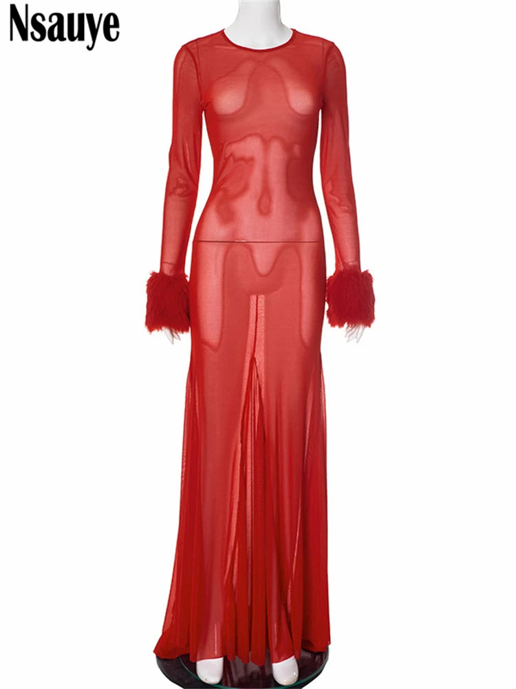 Nsauye Women Dress Red Elegant Feathers Patchwork Mesh Fashion Long Sleeve Pullover Summer Sexy Night Club Party Dresses 2025