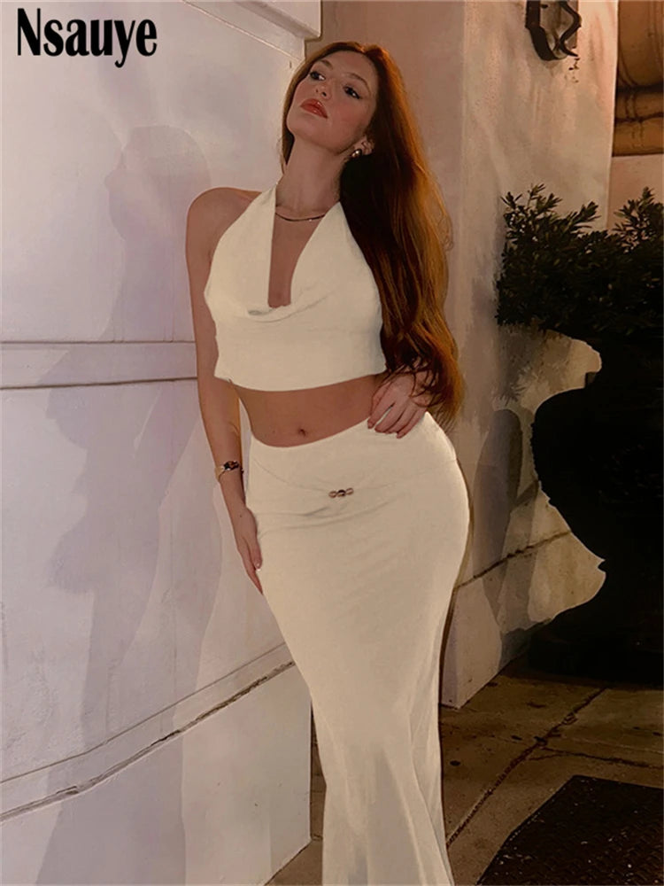 Nsauye Fashion Women 2 Piece Matching Set 2025 New Sleeveless Vest Top+High Waist Elegant Long Skirts Holiday Suits Outfits