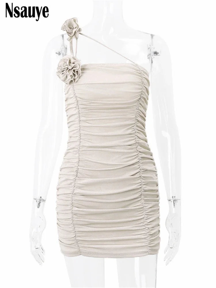 Nsauye Flower One Shoulder Strap Bodycon Mini Dress Elegant Evening Party Club Sleeveless Summer Dresses For Women Outfits 2023