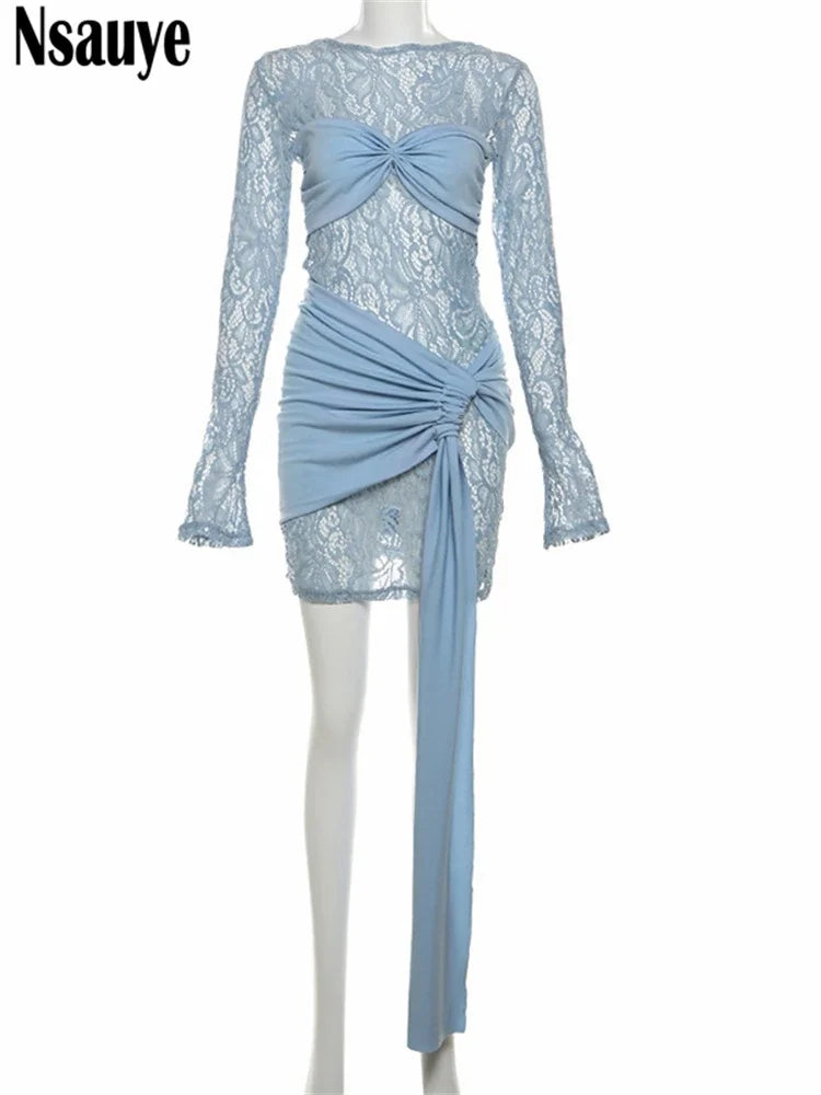 Nsauye Women Dress Mini Lace Up Sexy Hollow Out Fashion Mesh See Through Mini Long Sleeve Evening Party Holiday Dress Clubwear