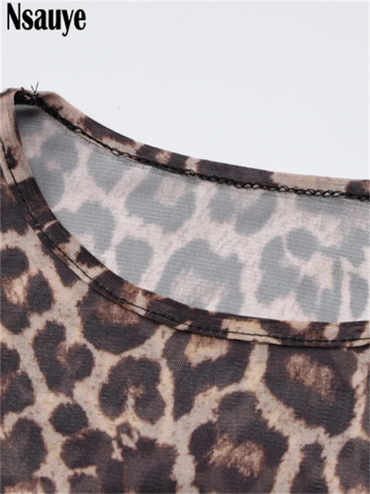 Nsauye Sexy Evening Backless Leopard Print Y2K Long Sleeve Mesh Bodycon Clubwear Party Dress For Women Summer 2024 Chic Fashion