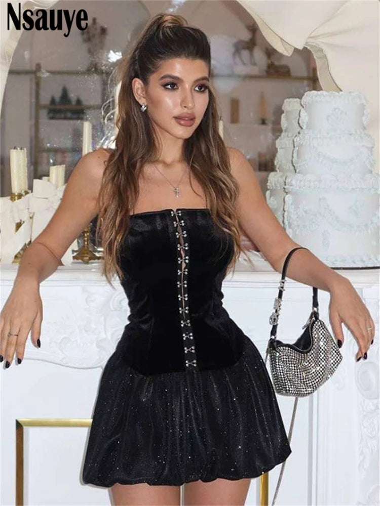 Nsauye Strapless Women Sexy Elegant Bud A-Line Night Club Corset Dress Summer New Fashion Evening Party Mini Short Dress 2025