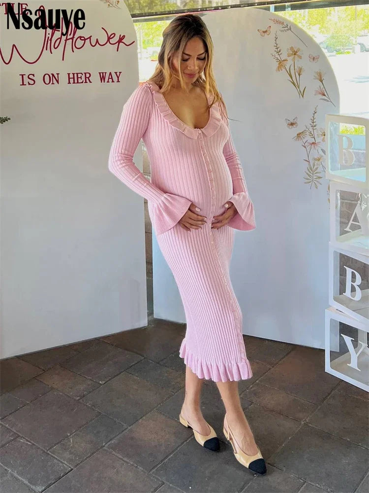 Nsauye Winter Sexy Knitted Sweater Dress For Women 2024 Fashion Elegant Ruffles Evening Party Night Club Wrap Long Sleeve Dress