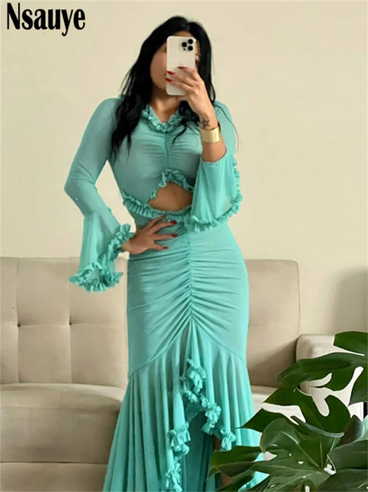 Nsauye Mesh Long Sleeve Pullover Sexy Women Night Club Ruffles Evening Party Dress Hollow Out Fashion Summer Elegant Dress 2025