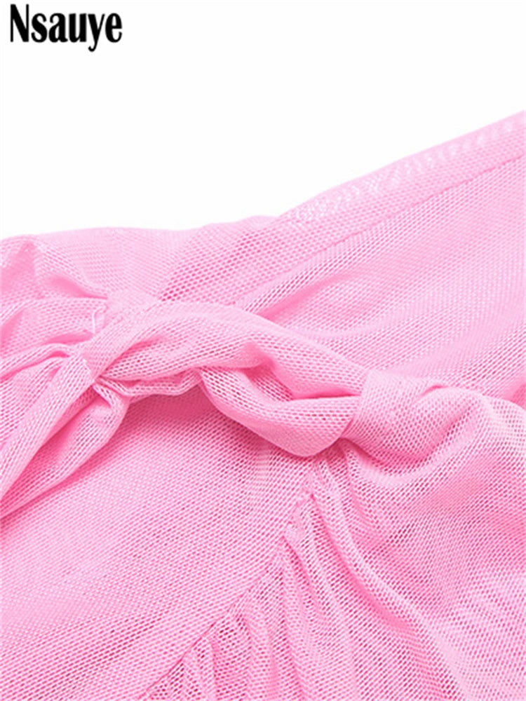 Nsauye Women Sexy Mesh Pullover Casual Basic Pink Mini Beach Summer Dress Holiday Night Club Evening Party Fashion Dress 2025