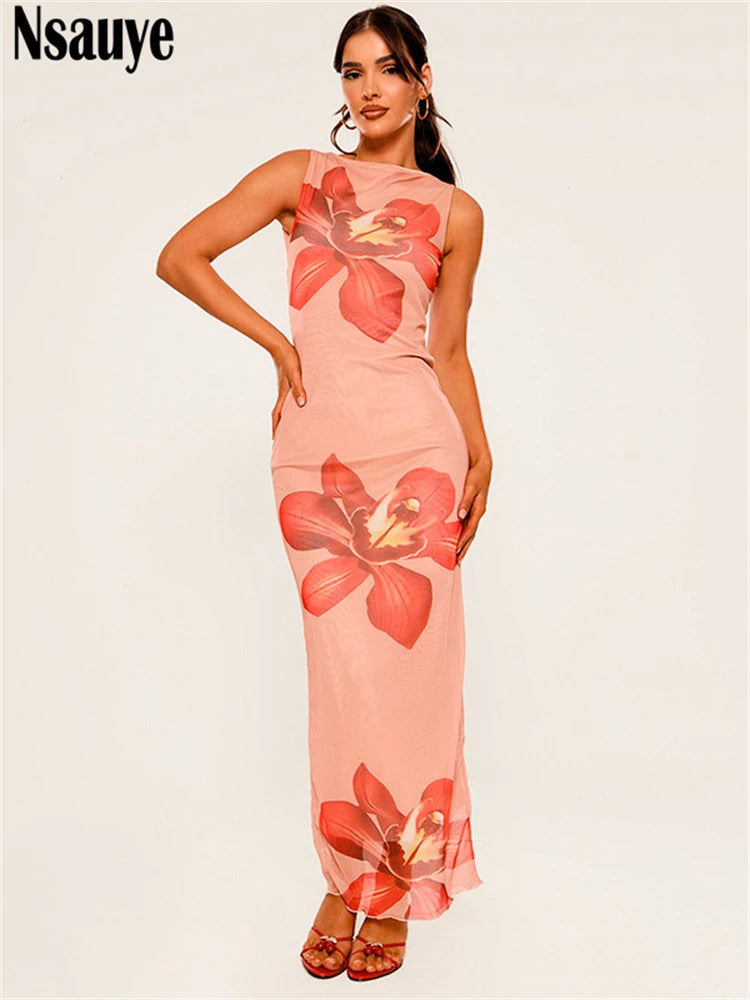 Nsauye 2025 Summer Beach Mesh Elegant Floral Print Long Dress Women Sleeveless Casual Sexy Fashion Club Evening Party Maxi Dress