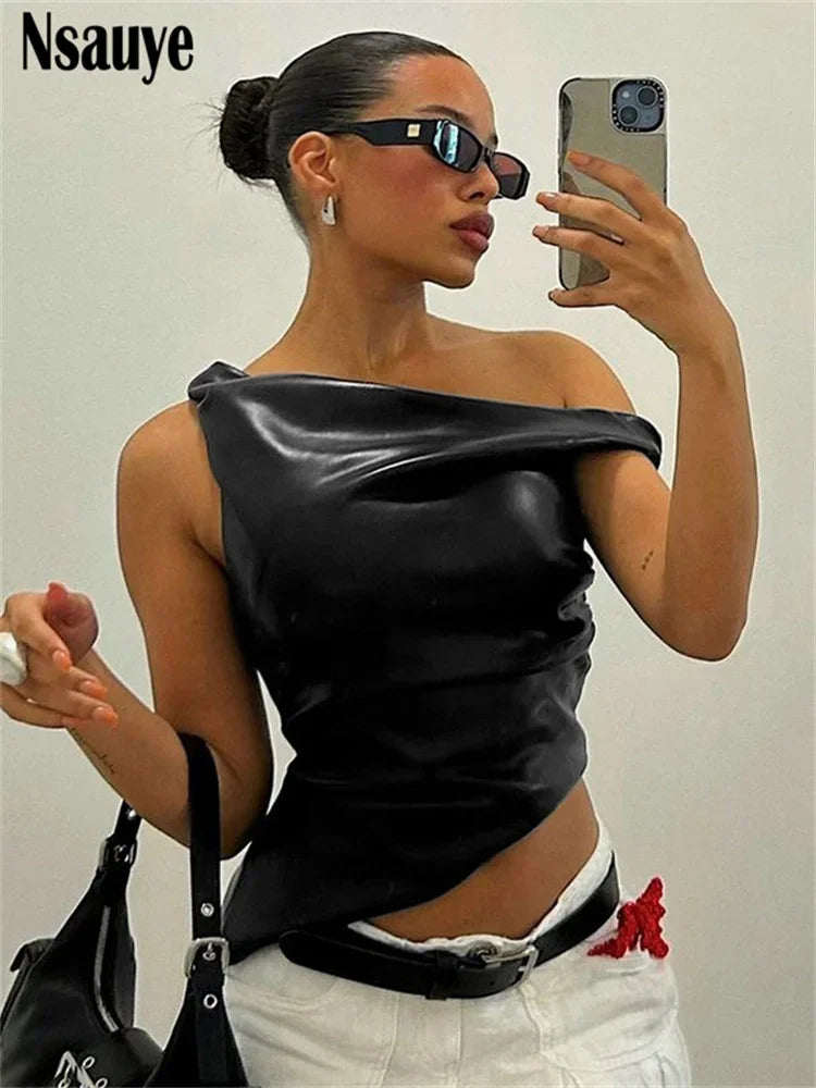 Nsauye PU Leather Sleeveless Irregular Tank Tops Sexy Club Fashion Women Fashion Off Shoulder Y2K Crop Tops Streetwear 2024