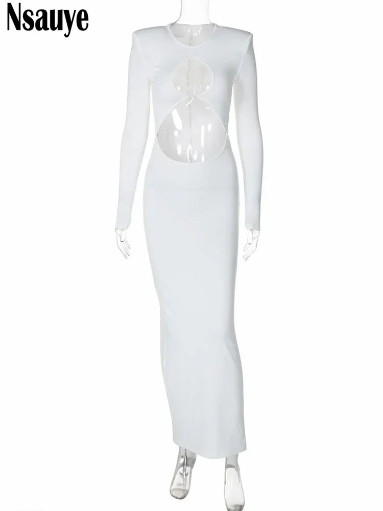 Nsauye Women Long Sleeve Hollow Out Bodycon New Fashion Sexy Club Dress Party Evening Holiday Elegant O Neck Dress Autumn 2024