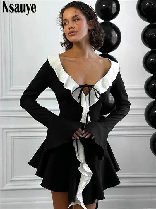 Nsauye Sexy Evening Birthday Party Black Night Club Mini Y2K Women Dress Long Sleeve Elegant Fashion Ruffles Dress 2024 Winter