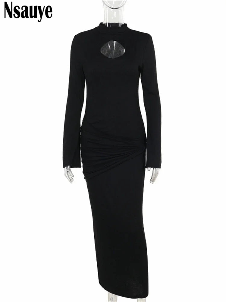 Nsauye Black Dress Chic Long Maxi Hollow Out New Fashion Sexy Night Club Elegant Bodycon Birthday Party Dress Women Clothes 2024
