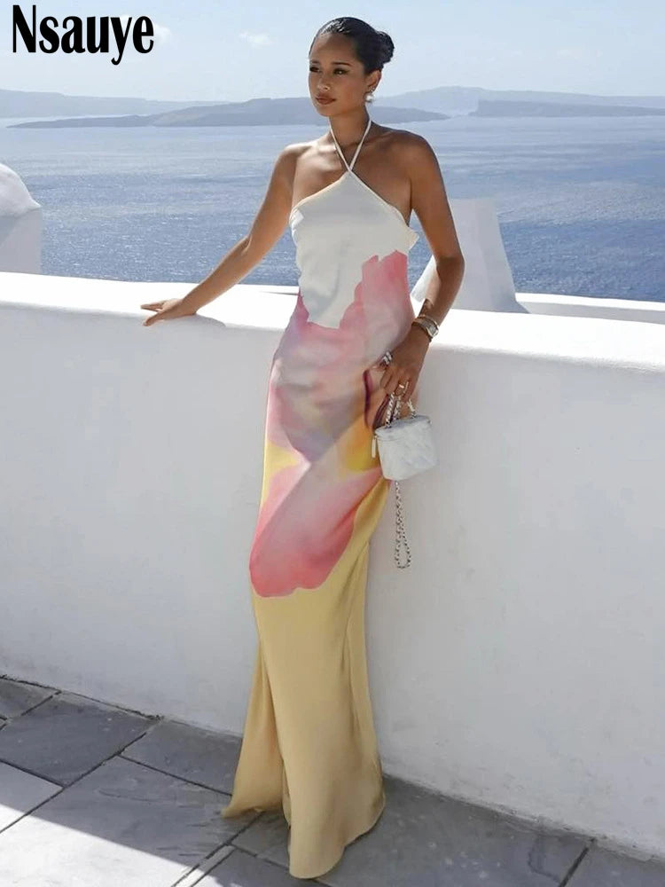 Nsauye 2025 Summer Halter Backless Women Clothes Elegant A-Line Skinny Floral Casual Holiday Party Sexy Club Evening Dresses