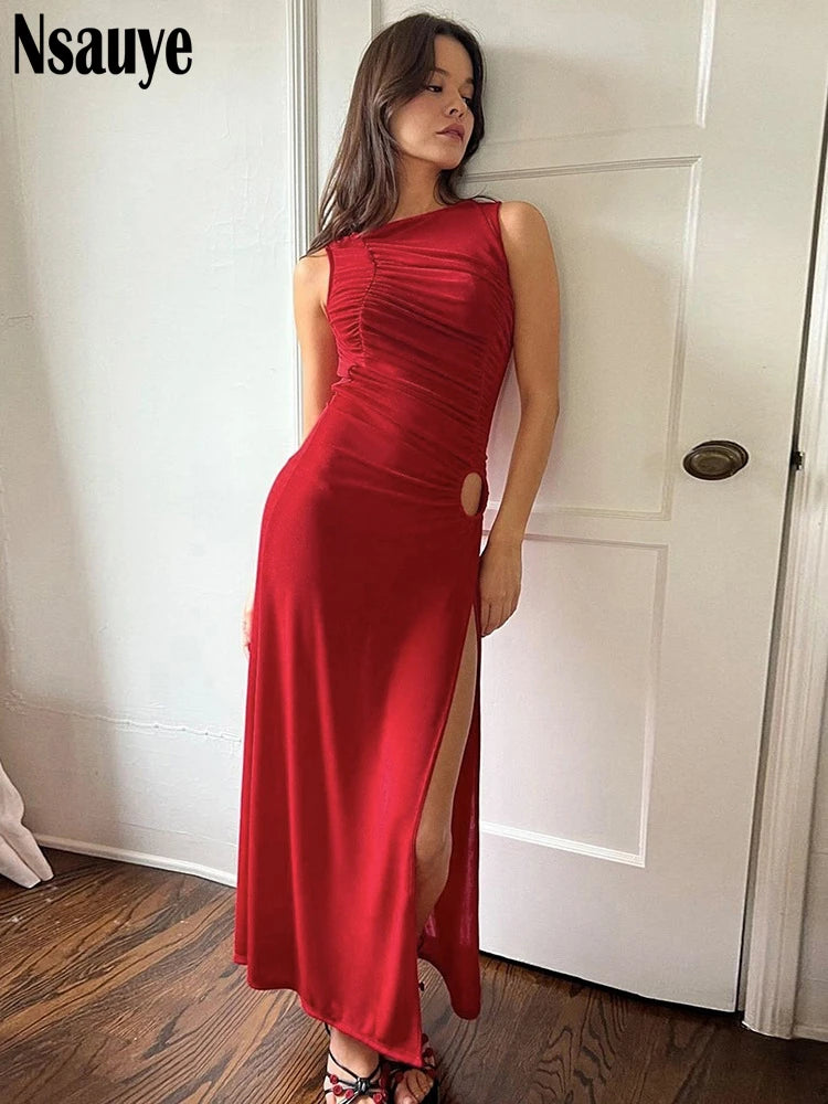 Nsauye Summer Ruched Sleeveless Cut Out Pullover Long Bodycon Dresses For Women Clothing 2025 High Split Off Shoulder Dress