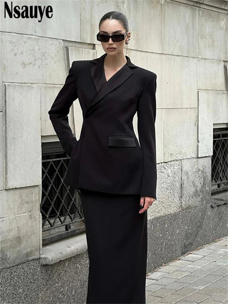 Nsauye Chic Fashion Elegant Women Long Sleeve Blazer Jacket Tops Long Wrap Sexy Party Night Club Skirt Dress Two Piece Set 2024