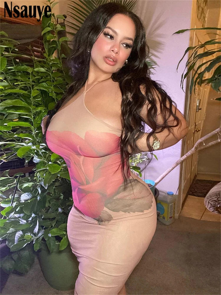 Nsauye Halter Midi Bodycon Sexy Evening Party Night Club Floral Print Wrap Dress Women Pullover New Fashion Backless Dress 2025