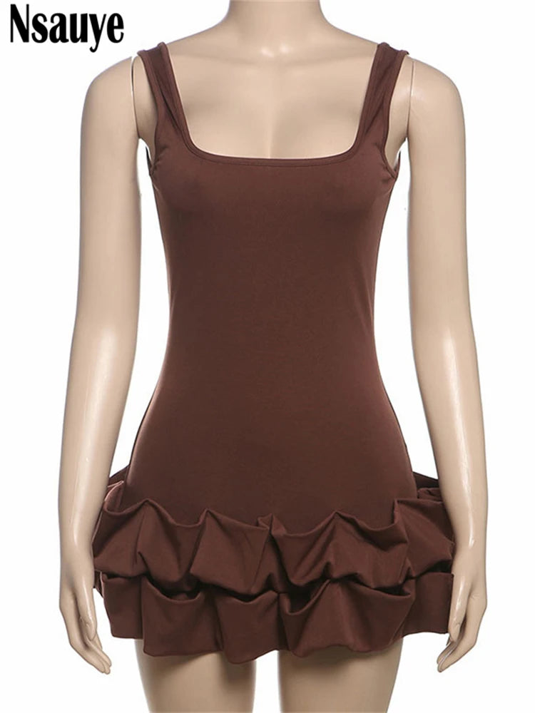 Nsauye Summer 2025 Mini Bodycon High Waisted Chic Elegant Sexy Basic Dress Women Short Ruffles Night Club Dress Evening Party