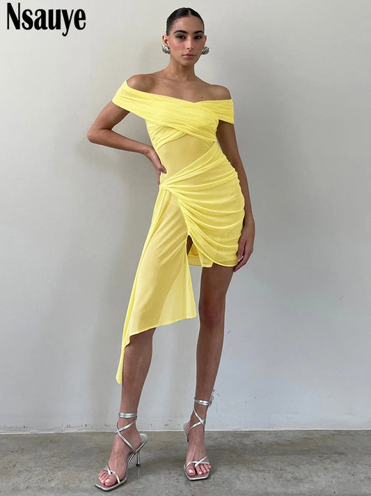 Nsauye Women Clothing Fashion Elegant Irregular Sexy Club Evening Party Dress Summer 2025 Off Shoulder Mini Pullover Mesh Dress