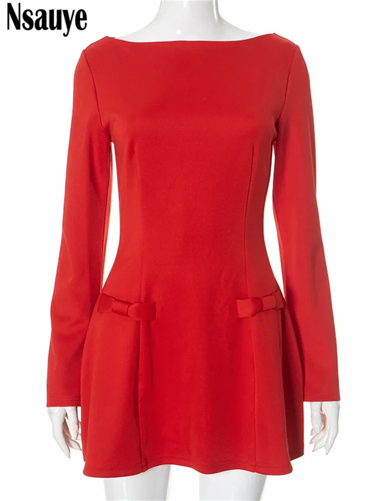 Nsauye Sexy Elegant Party Dress For Women Winter 2024 Long Sleeve Red Clothes Sexy Holiday Evening Night Club Fashion Dresses