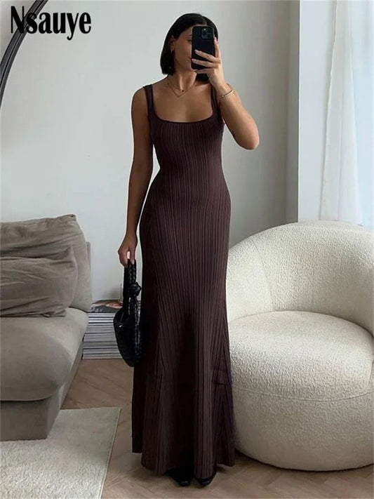 Nsauye Knitted Elegant Women Sexy Backless Beach Dress Club Party Night 2024 Spring Summer Female Backless Vacation Long Dresses