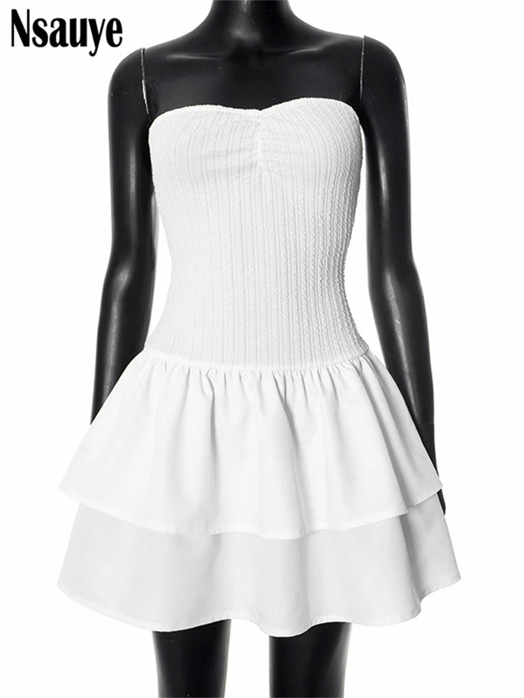 Nsauye Kawaii Cute Ruffles Sleeveless Strapless A-Line Dress Club Summer Holiday Beach Party Evening Short Dresses Women 2025