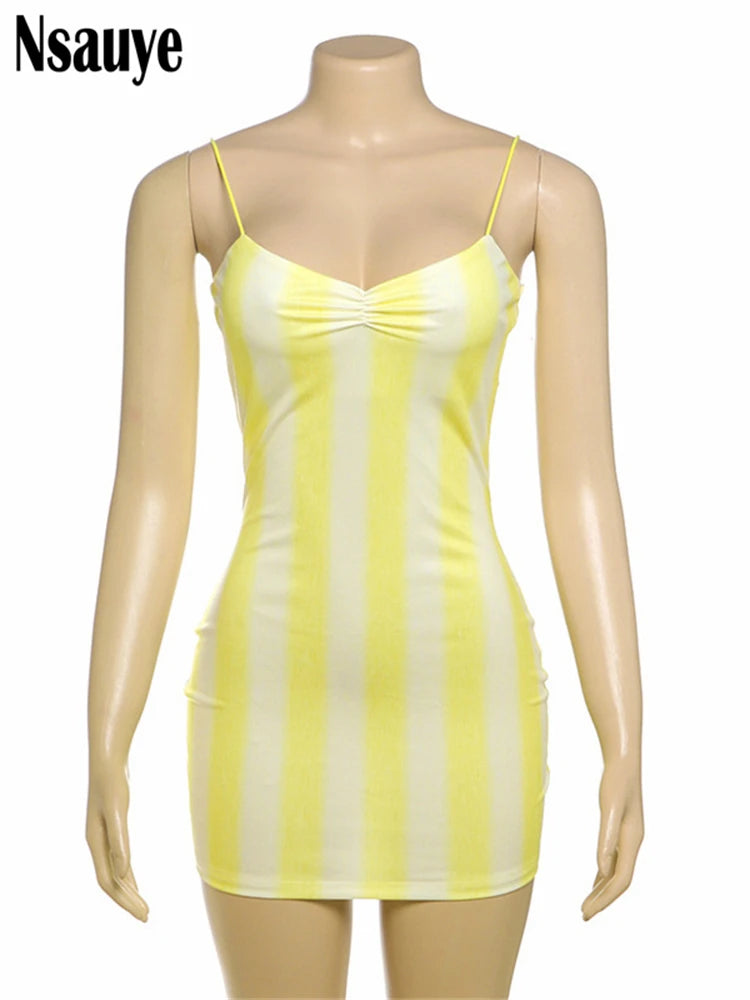 Nsauye 2025 Women Sexy Mini Dress Striped Summer New Fashion Strap Sleeveless Streetwear Beach Party Dresses Backless Elegant