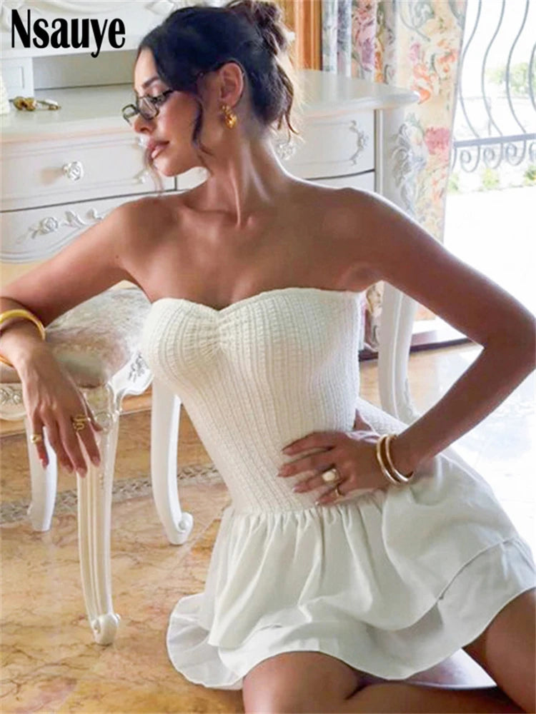 Nsauye Kawaii Cute Ruffles Sleeveless Strapless A-Line Dress Club Summer Holiday Beach Party Evening Short Dresses Women 2025