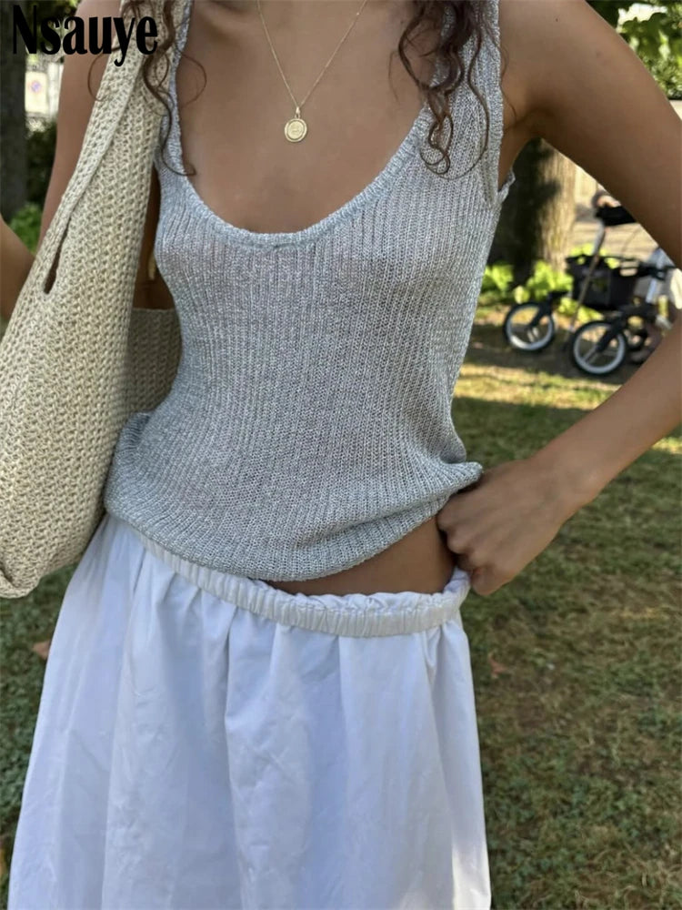 Nsauye Chic Women Mini Vest Hollow Out Pullover Knitted Summer Y2K Sexy Club Fashion Crop Tops Glitter Sleeveless 2025 Tank Tops
