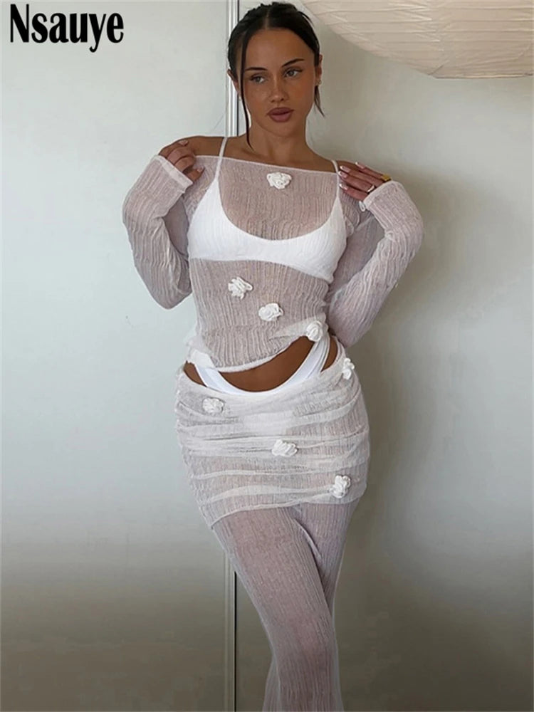 Nsauye 2025 Summer Fashion Women Sexy Club Ribber Knitted Crop Tops Long Low Waisted Skirt Sexy New In Matching Two Piece Set