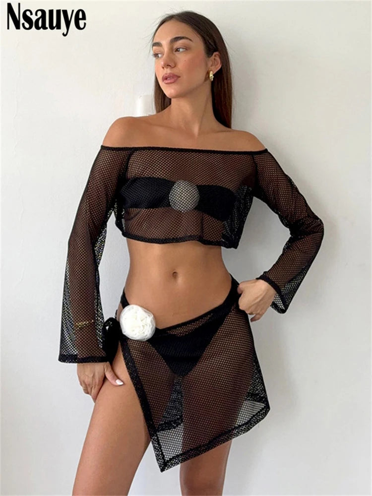 Nsauye Sexy Women Casual Summer Beach Suit Long Sleeve Mesh Hollow Out Top Cover Up Mini Club Low Waist Skirt Two Piece Set 2025