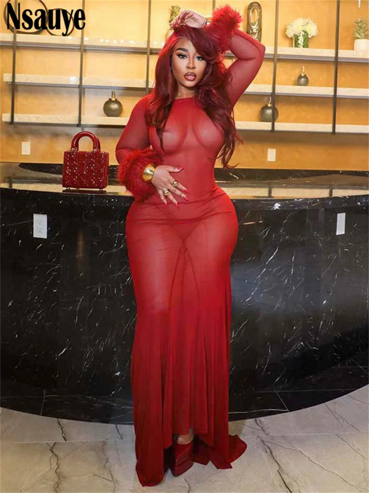 Nsauye Women Dress Red Elegant Feathers Patchwork Mesh Fashion Long Sleeve Pullover Summer Sexy Night Club Party Dresses 2025