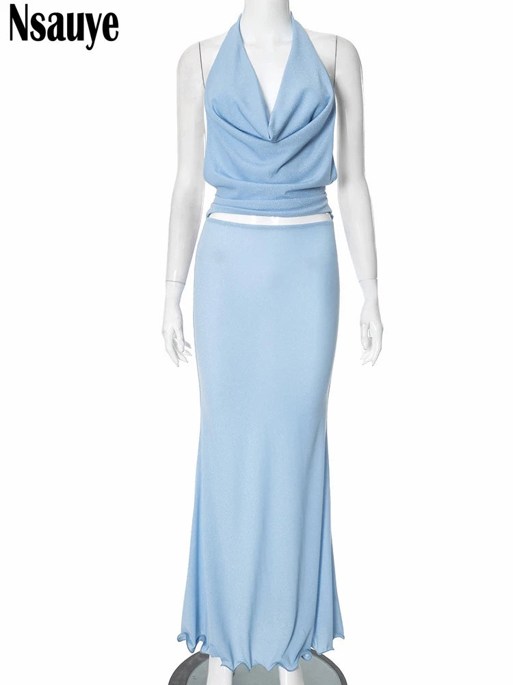 Nsauye 2025 Women Summer New Fashion Sexy Low Cut Out Long Dress High Waisted Night Club Party Elegant Evening Dress Outfits