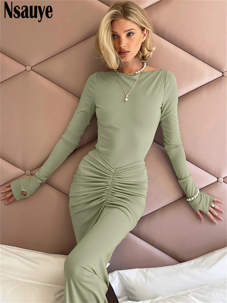 Nsauye Women New Fashion Elegant Sexy Night Club Evening Party Maxi Long Dress Winter Clothes 2024 Wrap Ruched Long Sleeve Dress
