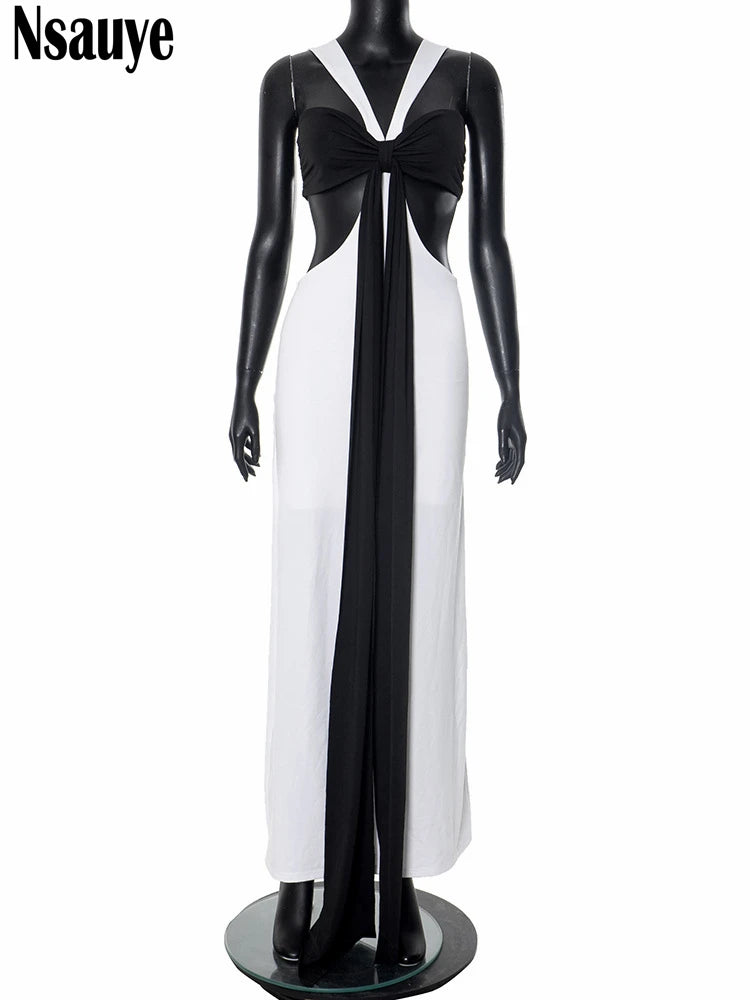 Nsauye 2025 New Fashion Sexy Evening Party Vacation Night Club Halter Dress Chic Long Low Cut Out Elegant Wrap Dresses Summer