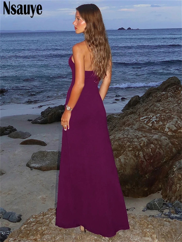 Nsauye Summer Ladies Clothes Fashion Elegant Evening Dress Sexy Women Lace Up Long Halter Beach Night Club Wrap Party Dress 2025