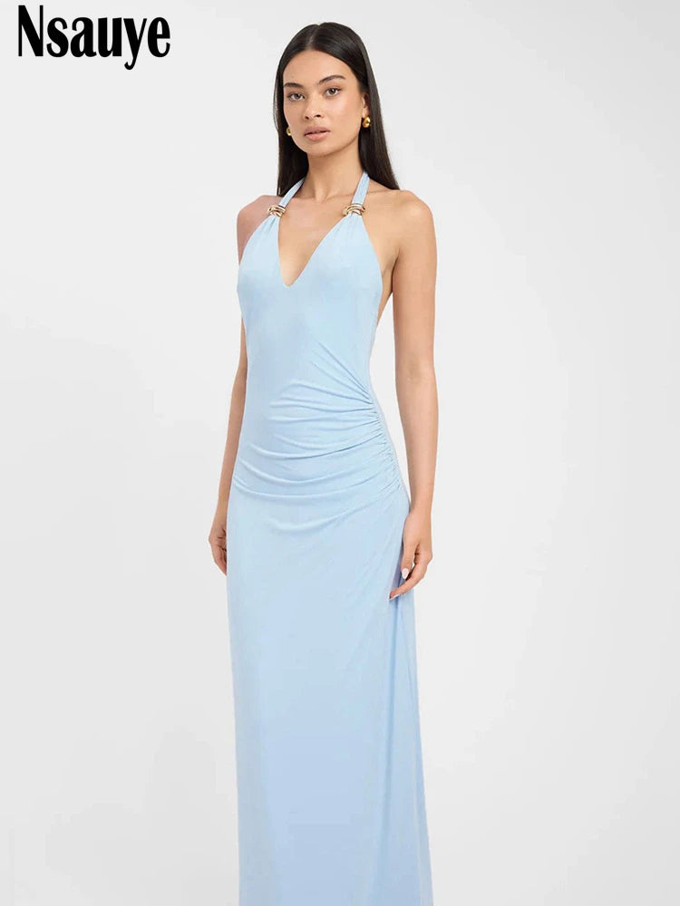 Nsauye 2025 Summer Weomen New Fashion White Simple Temperament Long Dress Sexy Backless Slim Evening Party Low Cut Sundress Club