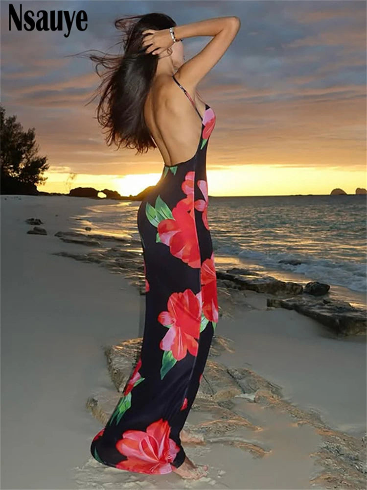 Nsauye 2025 Summer New Backless Sexy Sleeveless Spaghetti Strap Long Bodycon Dress Beach Party Club Floral Print Women Dress