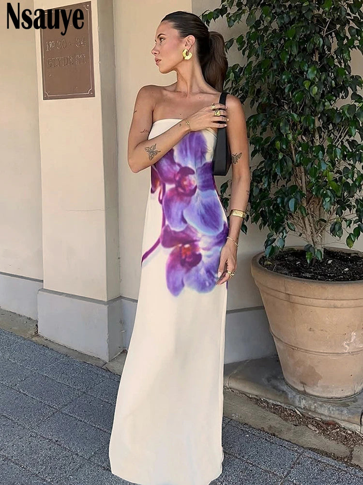 Nsauye Women Summer New Fashion Night Club Party Elegant Evning Vintage 2025 Pullover Long Strapless Wrap Floral Print Dresses