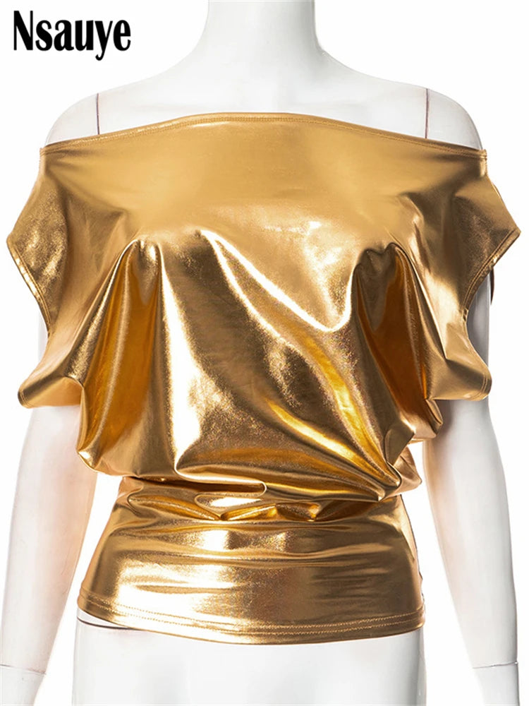 Nsauye New Summer Retro Slash Neck Bright Party Crop Top Women Clothing Y2K 2025 Glitter Evening Off Shoulder Tank Tops Sexy