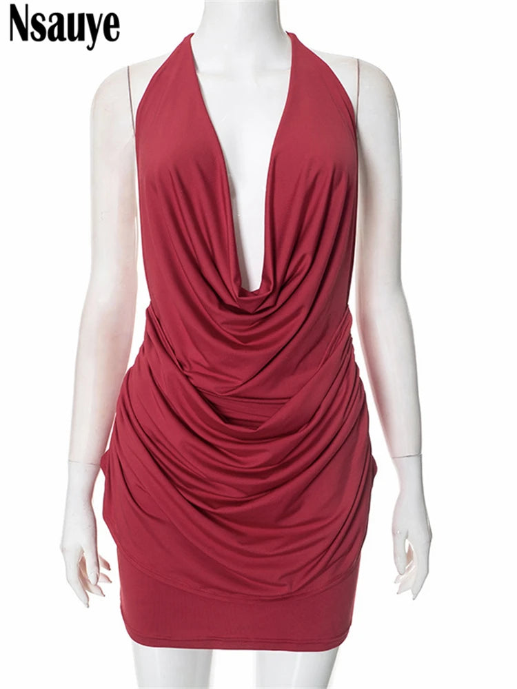 Nsauye Sexy Ruched Women Low Cut Out Halter Bodycon Mini Fashion Dress Outfits 2025 Summer Sexy Night Club Evening Party Dress