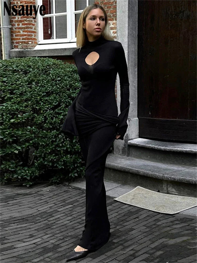 Nsauye Black Dress Chic Long Maxi Hollow Out New Fashion Sexy Night Club Elegant Bodycon Birthday Party Dress Women Clothes 2024