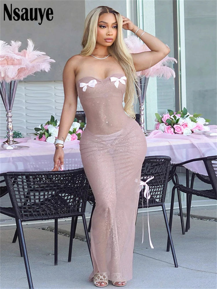 Nsauye Sexy Women Backelss Strapless Bow Glitter Long Dress Sleeveless Elegant Dress Boydycon Vestidos Summer 2025 Party Club