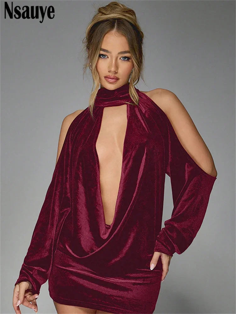 Nsauye New Fashion Sexy Halter Backless Elegant Velvet Dress Low Cut Out Night Club Mini Bodycon Evening Party Dress Winter 2024