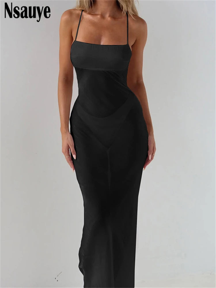 Nsauye 2025 Fashion Solid White Backless Sexy Backless Bodycon Maxi Dress Summer Women Sleeveless Beach Party Vacation Club