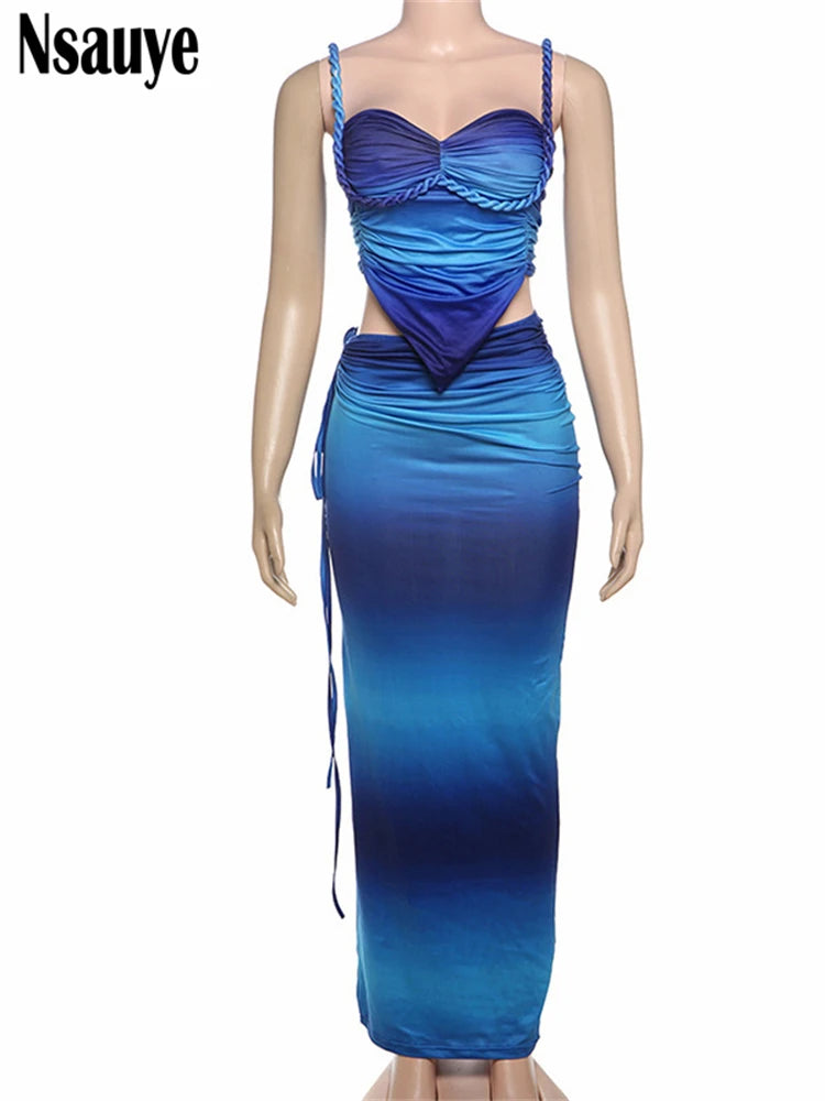 Nsauye 2025 Summer Sexy New In Matching Sets Tie Dye Print Crop Tops+Long Skirt Outfits Women Fashion Beach Party 2 Piece Set