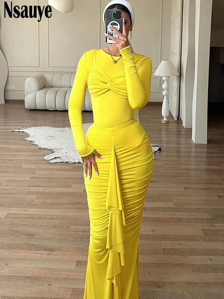 Nsauye Dress For Women Long Sleeve Basic Pullover Maxi Autumn Sexy Ruched Fashion Party Holiday Ruffles Night Club Elegant Dress